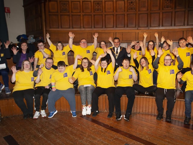 CELEBRATING DOWN SYNDROME DAY. . . . The Mayor, Graham Warke pictured at the Guildhall on Monday morning to celebrate Down Syndrome Day with the Foyle Down Syndrome Trust. The Trust also facilitated Down Right Fit Workshop with children from primary schools across the city taking part in the Guildhallâ€TMs Main Hall. (Photos: Jim McCafferty Photography)