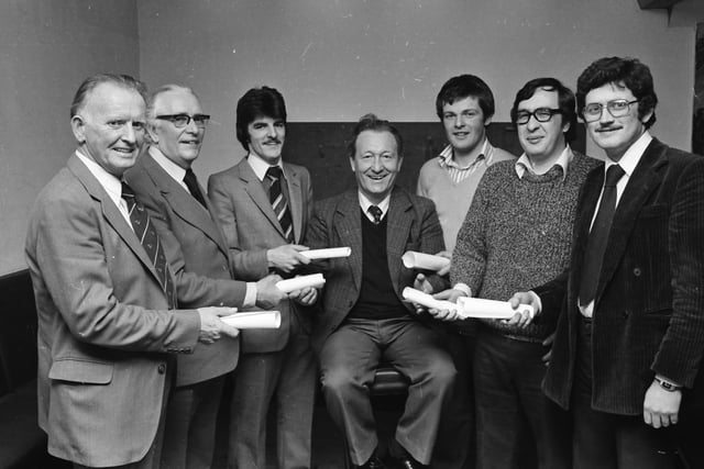 ackie McLaughlin, centre, chair of the Quigley’s Point Community Centre, receiving nomination papers for a ‘Barony of Inishowen’ fundraising election from John Coyle, Culdaff, Bernard Gillespie, Quigley’s Point, Eamon McLaughlin, Moville, Denis G. Doherty, Malin, Colm Toland, Clonmany, and Desi McLaughlin, Carndonagh. The election of a ‘Baron of Inishowen’ was used to raise funds for a new centre development.
