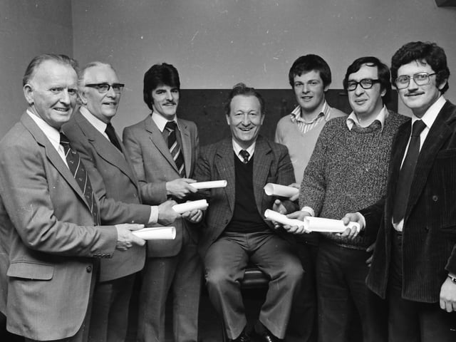 ackie McLaughlin, centre, chair of the Quigley’s Point Community Centre, receiving nomination papers for a ‘Barony of Inishowen’ fundraising election from John Coyle, Culdaff, Bernard Gillespie, Quigley’s Point, Eamon McLaughlin, Moville, Denis G. Doherty, Malin, Colm Toland, Clonmany, and Desi McLaughlin, Carndonagh. The election of a ‘Baron of Inishowen’ was used to raise funds for a new centre development.