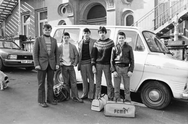 Patrick Canning, vice-president, Derry County Amateur Boxing Board, left, and Mr. Thomas McCann, of the Long Tower Club, Derry, centre, who is coach, with three well-known young boxers, from left, Gerry Duddy, Rosemount B.C., Edward O’Donnell, St. Eugene’s B.C., and Tony Strawbridge, Strathfoyle B.C., pictured before leaving Derry for a tournament in Glasgow.