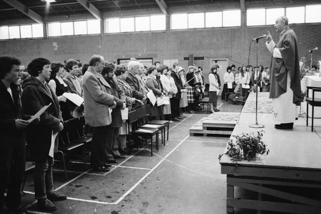 Bishop of Derry, Most Rev. Dr. Edward Daly, concelebrating of a Mass at Thornhill College as part of the diocese 1981  Renewal and Youth (RAY) Day 1981.