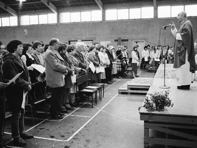 Bishop of Derry, Most Rev. Dr. Edward Daly, concelebrating of a Mass at Thornhill College as part of the diocese 1981 Renewal and Youth (RAY) Day 1981.