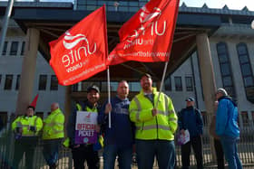 Council employees and trade unionists picket Derry City Council Offices on Strand Road on Monday afternoon as part of industrial action take over better pay demand. Photo: George Sweeney.  DER2212GS – 013