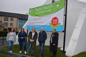 L-R Natalie Cairns, family support worker, BBHF, Sinead Murphy, Programme Manager, BBHF, Caroline Ogilvie, Senior Health & Social Wellbeing Improvement Officer, Tony Doherty, Healthy Living Centre Alliance and Lorraine Livelehan, Health Development Worker BBHF.