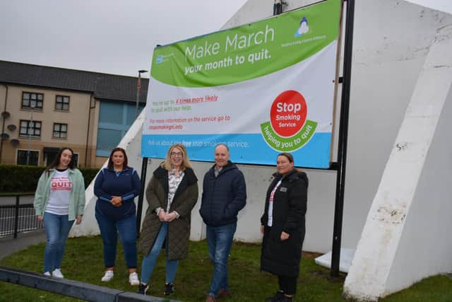 L-R Natalie Cairns, family support worker, BBHF, Sinead Murphy, Programme Manager, BBHF, Caroline Ogilvie, Senior Health & Social Wellbeing Improvement Officer, Tony Doherty, Healthy Living Centre Alliance and Lorraine Livelehan, Health Development Worker BBHF.