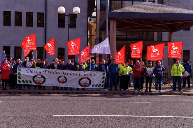 Council employees and trade unionists picket Derry City Council Offices on Strand Road on Monday afternoon as part of industrial action take over better pay demand. Photo: George Sweeney.  DER2212GS – 012
