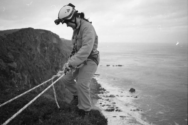 A member of the Irish Marine Emergency Service during a training exercise at Inishowen Head.