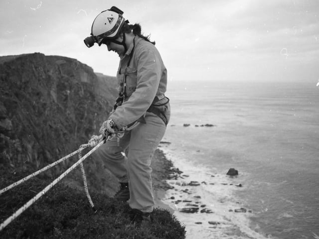 A member of the Irish Marine Emergency Service during a training exercise at Inishowen Head.