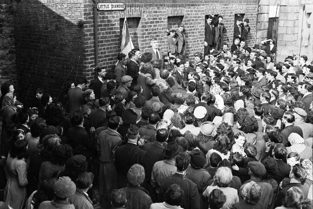 1951... Eddie McAteer MP addresses a crowd at Little Diamond following disturbances in the city centre during a St Patrick's Day parade.