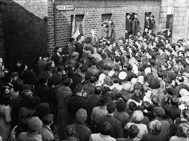 1951... Eddie McAteer MP addresses a crowd at Little Diamond following disturbances in the city centre during a St Patrick's Day parade.