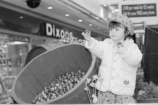 Little Megan Baldrick, from Barr’s Lane, gets into the Easter spirit in Foyleside Shopping Centre.