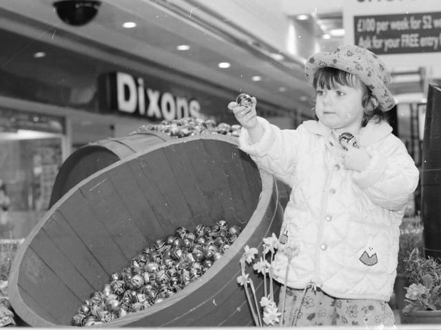 Little Megan Baldrick, from Barr’s Lane, gets into the Easter spirit in Foyleside Shopping Centre.
