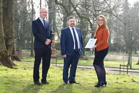 Minister Robin Swann (centre) and Professor Young with the Chair of the Northern Ireland Rare Diseases Partnership, Rhoda Walker.