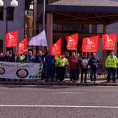 Council employees and trade unionists picket Derry City Council Offices on Strand Road as part of the previous industrial action take over better pay demand. Photo: George Sweeney.  DER2212GS – 012