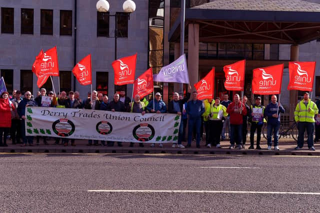 Council employees and trade unionists picket Derry City Council Offices on Strand Road as part of the previous industrial action take over better pay demand. Photo: George Sweeney.  DER2212GS – 012