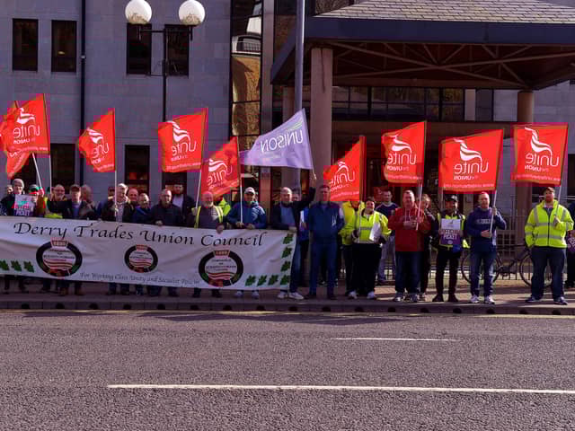 Council employees and trade unionists picket Derry City Council Offices on Strand Road as part of the previous industrial action take over better pay demand. Photo: George Sweeney.  DER2212GS – 012