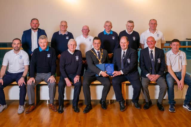 Members of the Fred Perry and Jimmy Bruen Ulster title-winning teams from Strabane Golf Club pictured with Mayor of Derry City and Strabane District Council, Alderman Graham Warke, at a reception held to mark their 2021 achievements.