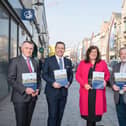 Junior Minister Declan Kearney; Glyn Roberts, Retail NI Chief Executive and Chair of the High Street Task Force - Influencing Policy and Strategy sub-group; Cathy Reynolds, Director of City Regeneration and Development, Place and Economy Department, Belfast City Council, and representing SOLACE (Society of Local Authority Chief Executives); Seamus McAleavey, Chief Executive of NICVA and member of the High Street Task Force, Developing Capacity sub-group; and Junior Minister Gary Middleton. (By Andrew Towe)