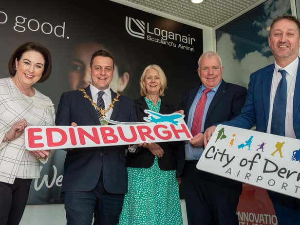 Brenda Morgan MBE, Head of Business Development at CoDA, Alderman Graham Warke, Mayor of DCSDC, Anna Doherty of Londonderry Chamber of Commerce, David Boyd, President of Causeway Chamber of Commerce, and Steve Frazer, Managing Director at CoDA.