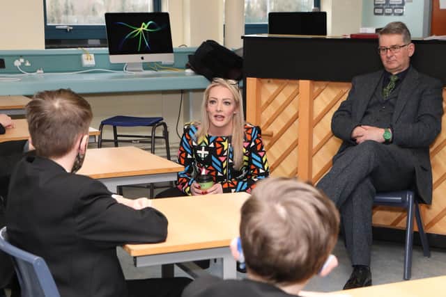 Fiona Condren, founder of Emotions Matters, giving a talk to Year 8 students at St. Columb's College, at the "Emotions Matters" event held in St. Columb's College. Included is Brian Keys, vice-principal. (Photo - Tom Heaney, nwpresspics)