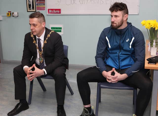 Mayor Graham Warke with tri-athlete and fundraiser Danny Quigley at the "Emotions Matters" event held in St. Columb's College. (Photo - Tom Heaney, nwpresspics)
