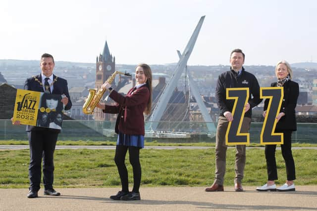 Mayor of Derry City and Strabane District Council, Alderman Graham Warke, pictured at the launch of the 2022 City of Derry Jazz and Big Band Festival. The festival will take place this year from Thursday April 28th until Monday May 2nd. Also pictured are Foyle College student Molly Hannaway, Stephen Thompson, Diageo, and Andrea Campbell, Festival Co-Ordinator, DCSDC.