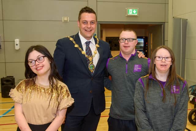 Grace Cooke, Declan Feeney and Kathleen Coyle with Mayor Graham Warke at the Foyle Down Syndrome Trust annual Fun Day in the Foyle Arena. Pictures: Martin McKeown.