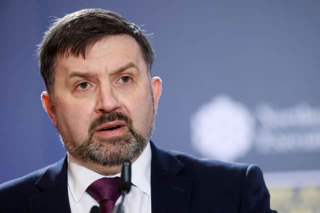 Health Minister Robin Swann during a press conference in Parliament Buildings, Stormont, Belfast.