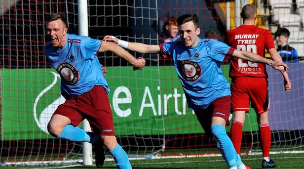 Institute's Ian Parkhill, celebrates scoring against Annagh United last week alongside Jamie Dunne, but the striker may miss tomorrow's game at Knockbreda. Picture by George Sweeney