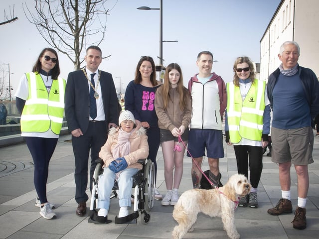 Deputy Mayor Christopher Jackson pictured with the late Rubyâ€TMs parents mum Sinead, dad Paul, granddad John Clarke, Anna Lynch with Teddy, Breeda Boyle and FDST staffers before Saturdayâ€TMs †̃Walk for Rubyâ€TM at Ebrington Square.