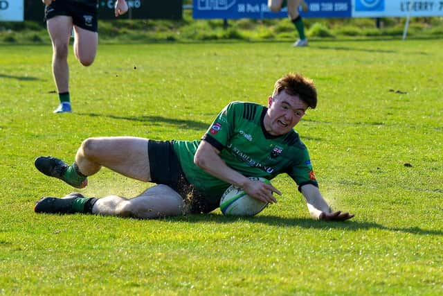 Ross McLaughlin scores a vital second half try for City of Derry against Sundays Well. (photo: George Sweeney)