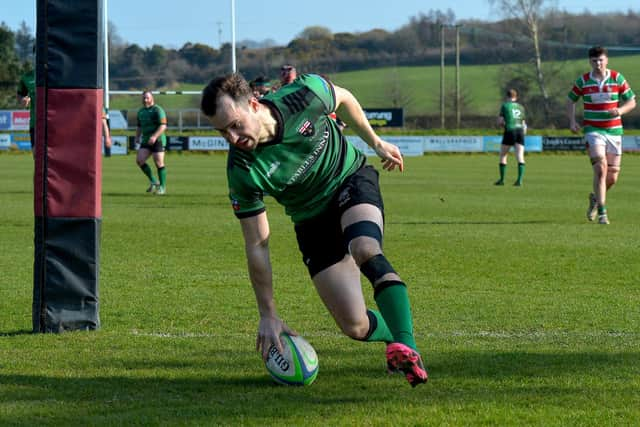 Simon Logue scores a first half try for City of Derry against Sundays Well. (Photo: George Sweeney)