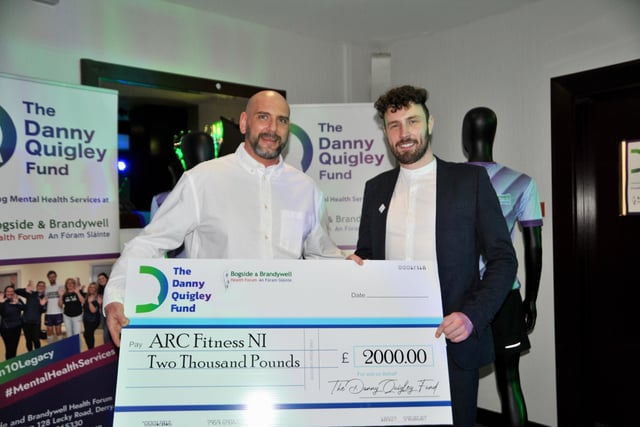 Gary Rutherford from Arc Fitness being presented with a cheque worth £2,000 at the launch of The Danny Quigley Fund in the Maldron Hotel in Derry. The fund will provide finiancial support to mental health organisations in Derry and Donegal.