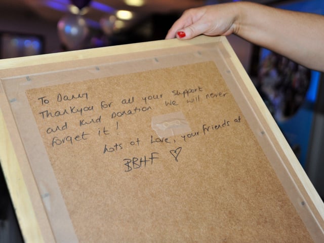 The message written on the picture gifted to Danny Quigley from the Bogside and Brandywell Health Forum. The picture was handdrawn by Derry artist Dave Campbell.