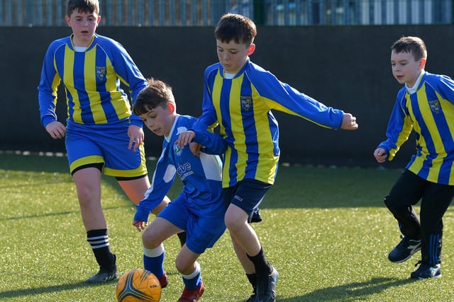 Sacred Heart Primary School take on Chapel Road Primary School in the Ryan McBride Schools Cup competition. Picture by George Sweeney