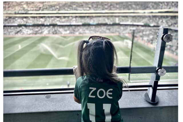Little Zoe Murphy watching the Republic of Ireland versus Belgium friendly at the Aviva Stadium on Saturday in James McClean's family executive box.
