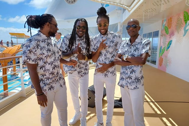 Men of Culture, the ship’s reggae band, who kept the tunes going on the pool deck.