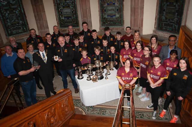 The Mayor of Derry City and Strabane District Council, Graham Warke pictured with members of the successful Bready Cricket Club in the Guildhall when he held a reception to mark the club’s winning of 11 trophies in 2021 and being awarded the Club of the Year 2022. Picture by Jim McCafferty