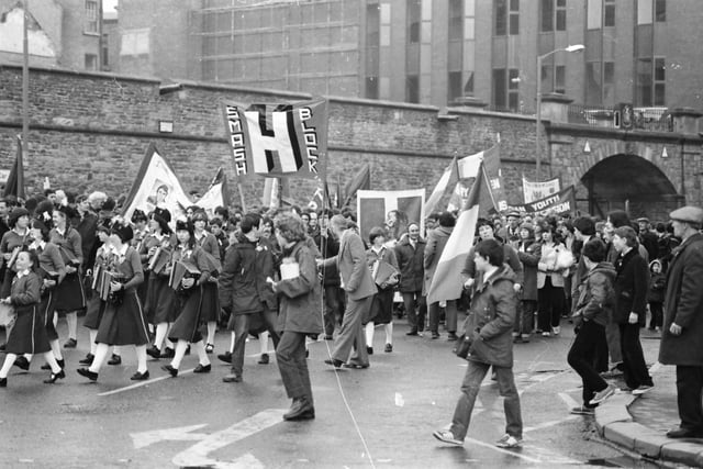 A section of a St. Patrick’s Day H-Block demonstration in Guildhall Square in 1981.