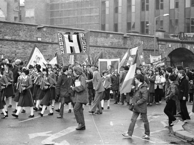 A section of a St. Patrick’s Day H-Block demonstration in Guildhall Square in 1981.