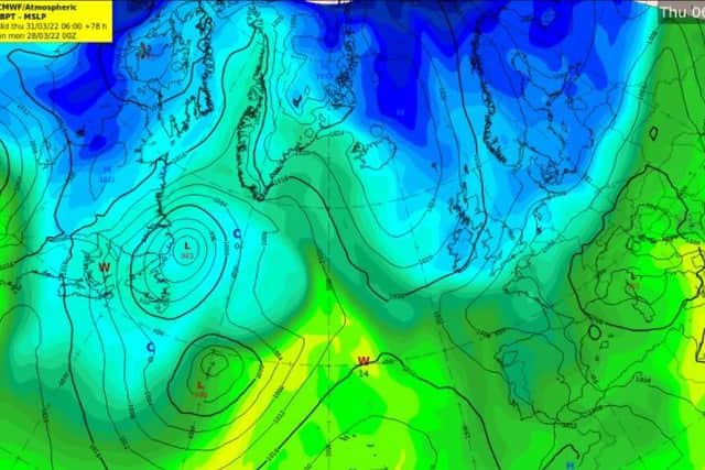Airmass chart for Thursday 31st March showing a cold (blue) northerly airmass over Ireland, originating from Scandinavia. Met Éireann