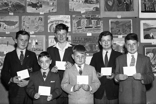 June 1963. Prizewinners in the Derry Art Society's children exhibition. From left, Nigel Nutt (Foyle College), Liam McClintock (CBS Primary), Thomas O'Bryan (Technical College), Andrew Hartwill (Ebrington County Primary), Robin Moran (Technical College) and Billy Gourlay (Templemore Intermediate).