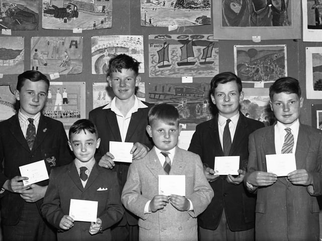 June 1963. Prizewinners in the Derry Art Society's children exhibition. From left, Nigel Nutt (Foyle College), Liam McClintock (CBS Primary), Thomas O'Bryan (Technical College), Andrew Hartwill (Ebrington County Primary), Robin Moran (Technical College) and Billy Gourlay (Templemore Intermediate).