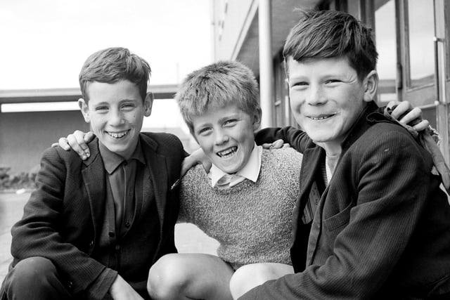 June 1968. Boys from St Joseph's Secondary School who were among the prizewinners at the annual Derry schools' swimming gala. From left are Peter Cregan (12), Creggan Heights, Teddy Murphy (12), Cromore Gardens, and Paul McDaid (13), Rinmore Drive.