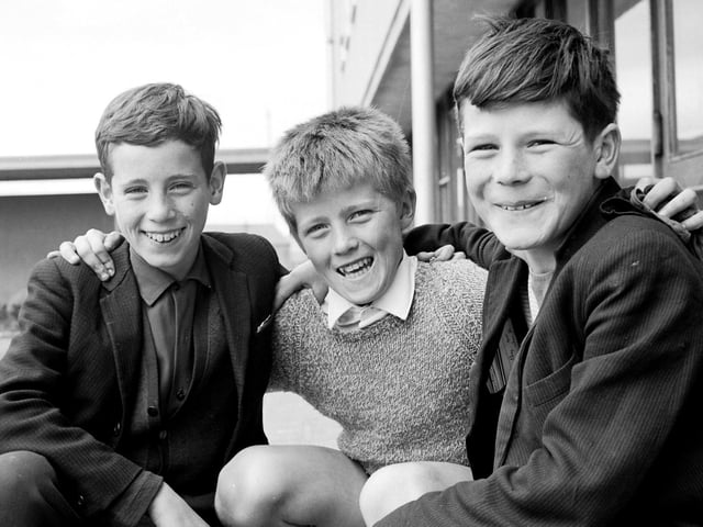 June 1968. Boys from St Joseph's Secondary School who were among the prizewinners at the annual Derry schools' swimming gala. From left are Peter Cregan (12), Creggan Heights, Teddy Murphy (12), Cromore Gardens, and Paul McDaid (13), Rinmore Drive.