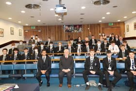 Former Irish Ambassador to Russia and St Columb;s College past pupils Jim Sharkey with pupils during a recent address. (Joe Stewart)