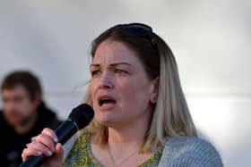 Sinead Quinn speaking at a rally in Derry earlier this month.