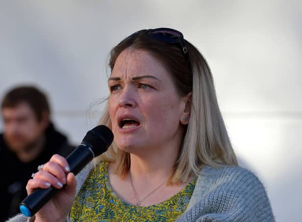 Sinead Quinn speaking at a rally in Derry earlier this month.