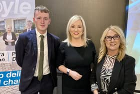 Sinn Féin vice-president Michelle O'Neill with Foyle Assembly candidates Padraig Delargy and Ciara Ferguson.