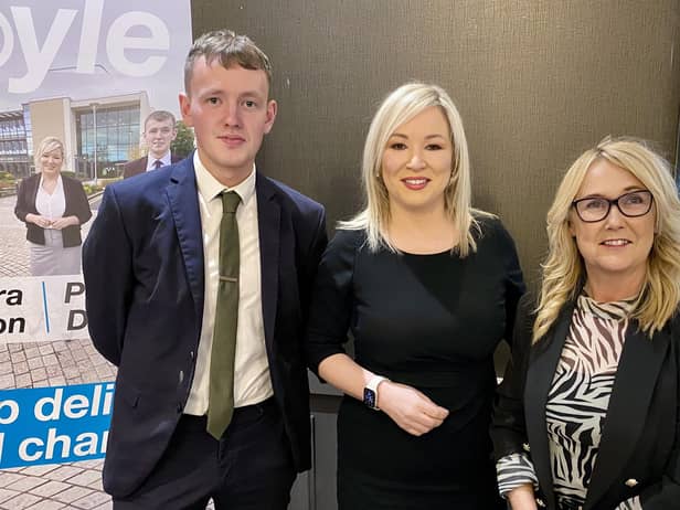 Sinn Féin vice-president Michelle O'Neill with Foyle Assembly candidates Padraig Delargy and Ciara Ferguson.